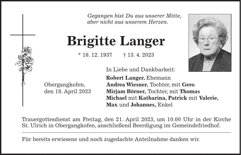 Traueranzeige Brigitte Langer