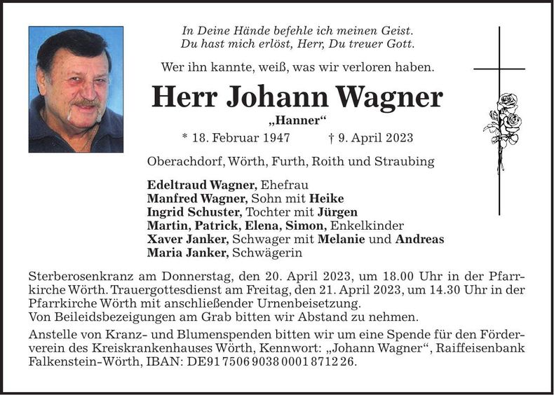Traueranzeige Johann Wagner