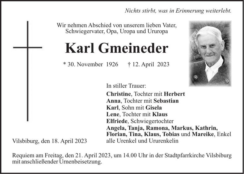 Traueranzeige Karl Gmeineder
