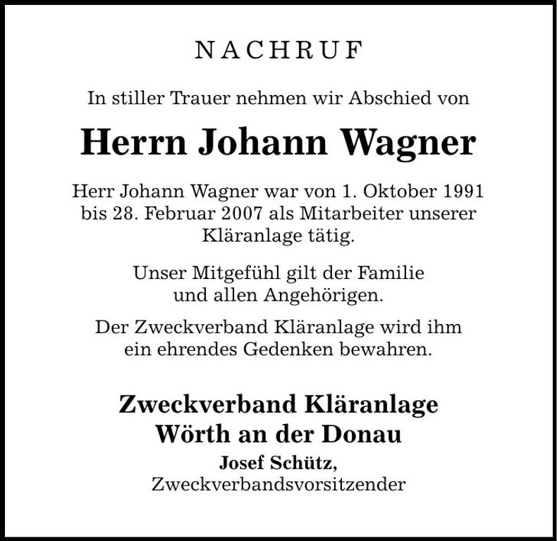 Traueranzeige Johann Wagner
