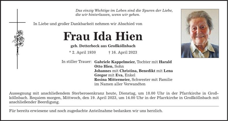 Traueranzeige Ida Hien