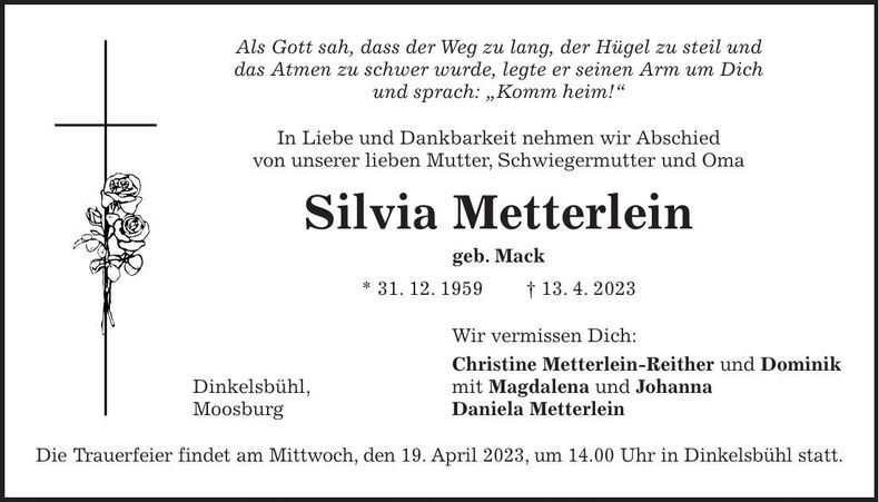 Traueranzeige Silvia Metterlein