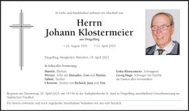 Traueranzeige Johann Klostermeier