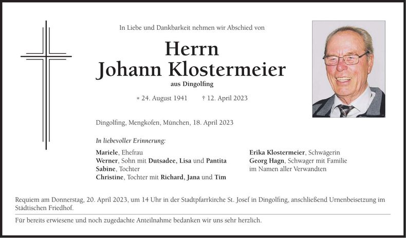 Traueranzeige Johann Klostermeier