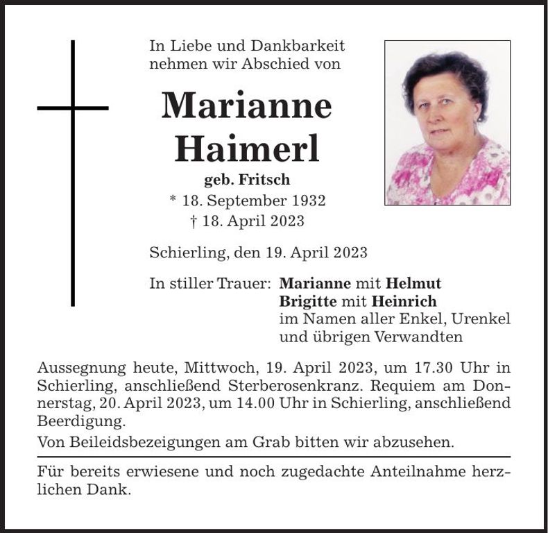 Traueranzeige Marianne Haimerl