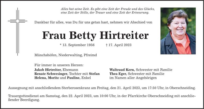 Traueranzeige Betty Hirtreiter