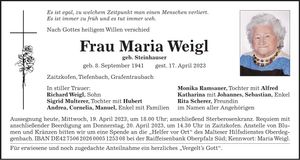 Traueranzeige Maria WEigl