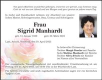 Traueranzeige Sigrid Manhardt