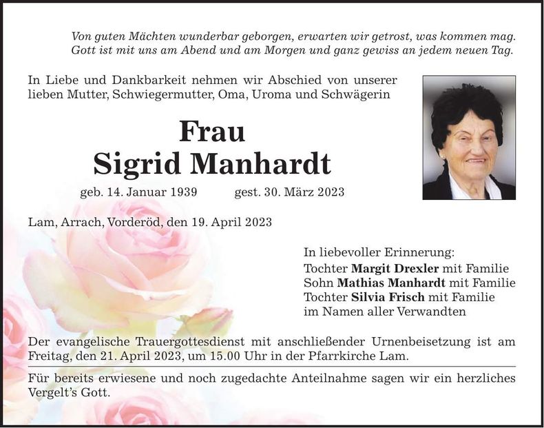 Traueranzeige Sigrid Manhardt