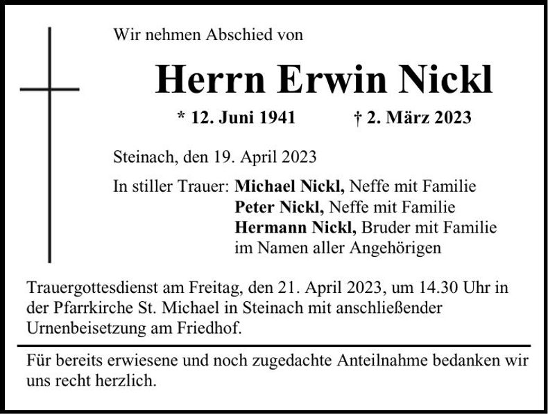 Traueranzeige Erwin Nickl
