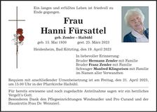 Traueranzeige Hanni Fürsattel