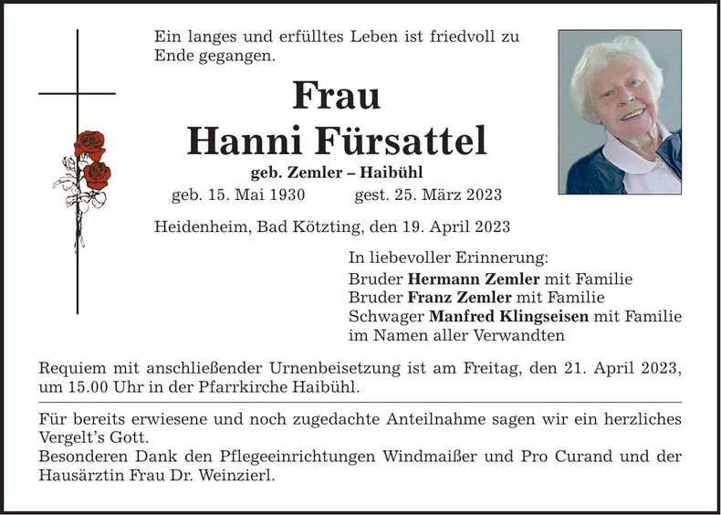 Traueranzeige Hanni Fürsattel