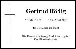 Traueranzeige Gertrud Rödig