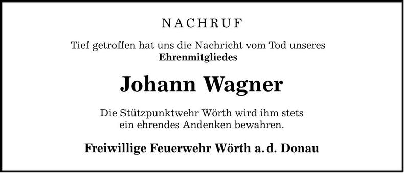 Traueranzeige Johann Wagner
