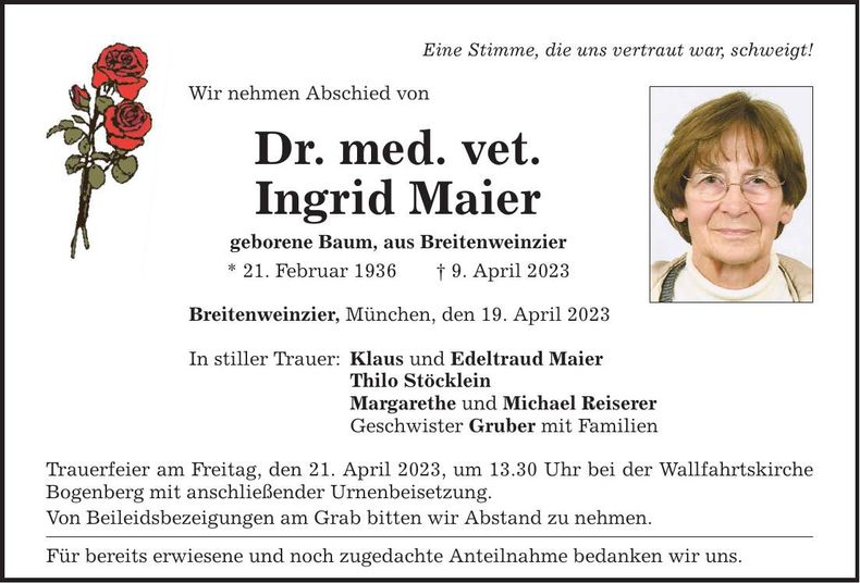 Traueranzeige Ingrid Maier