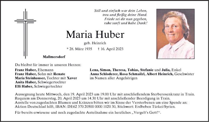 Traueranzeige Maria Huber