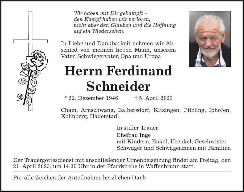 Traueranzeige Ferdinand Schneider