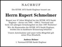 Traueranzeige Rupert Schmelmer