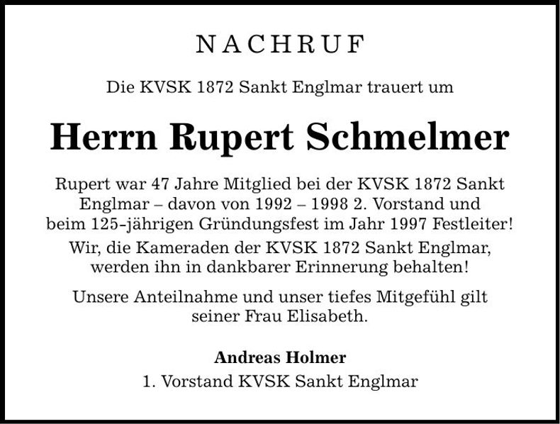 Traueranzeige Rupert Schmelmer