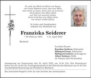 Traueranzeige Franziska Seiderer