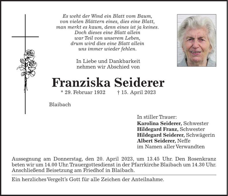 Traueranzeige Franziska Seiderer