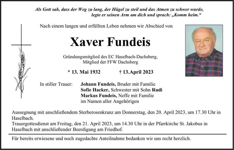 Traueranzeige Xaver Fundeis