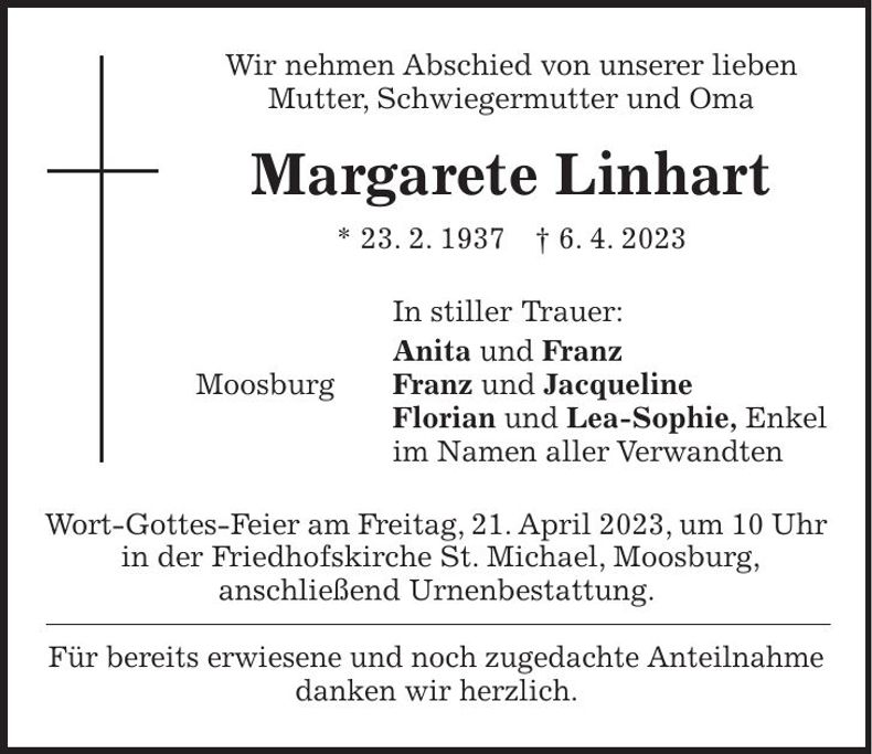 Traueranzeige Margarete Linhart