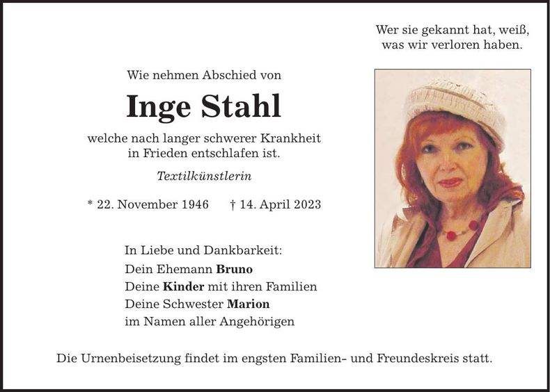 Traueranzeige Inge Stahl