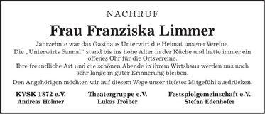 Traueranzeige Franziska Limmer