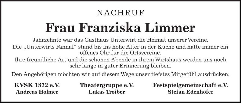 Traueranzeige Franziska Limmer
