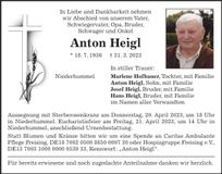 Traueranzeige Anton Heigl