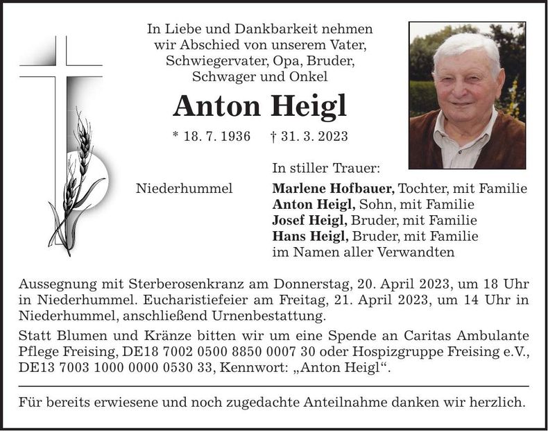 Traueranzeige Anton Heigl