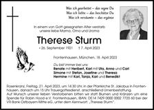 Traueranzeige Therese Sturm