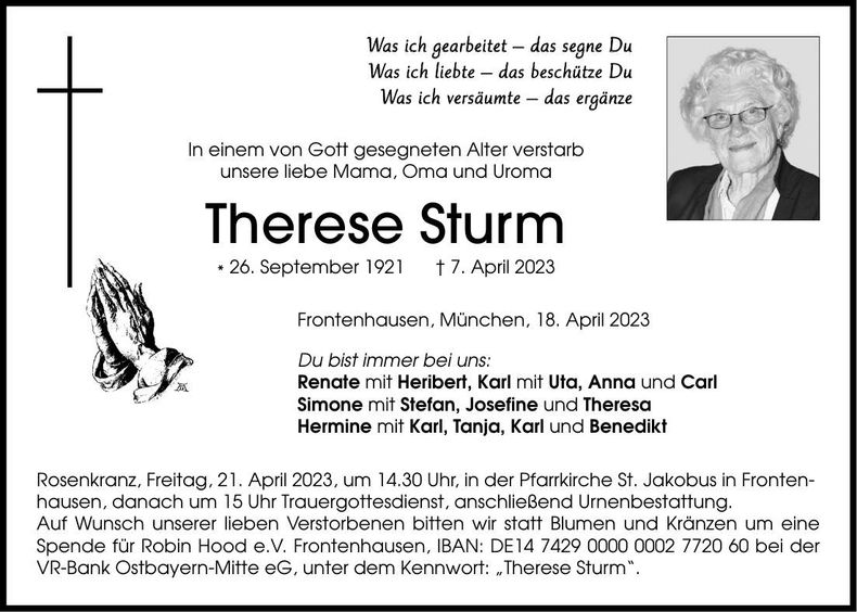 Traueranzeige Therese Sturm
