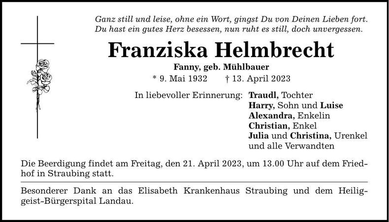 Traueranzeige Franziska Helmbrecht