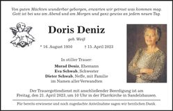 Traueranzeige Doris Deniz
