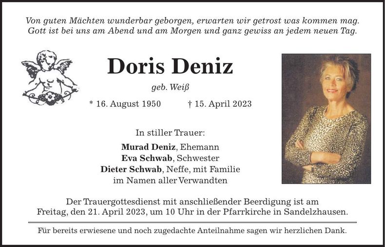 Traueranzeige Doris Deniz