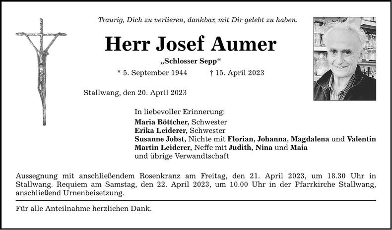 Traueranzeige Josef Aumer