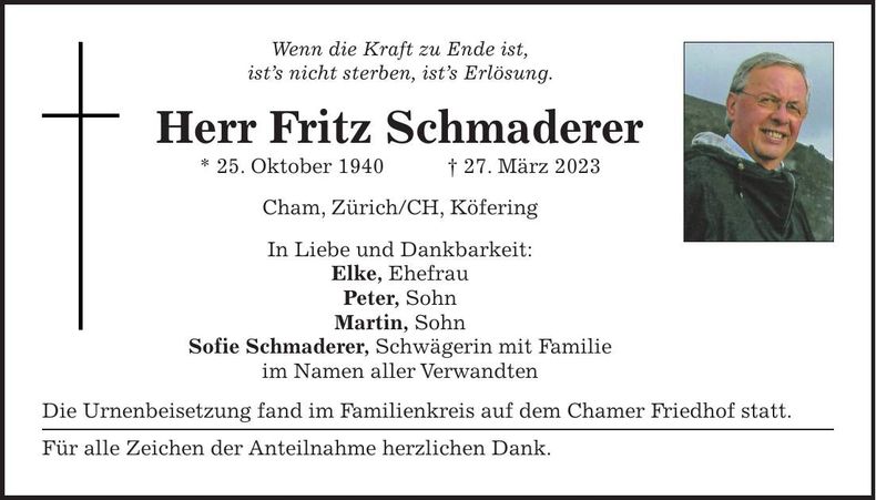 Traueranzeige Fritz Schmaderer