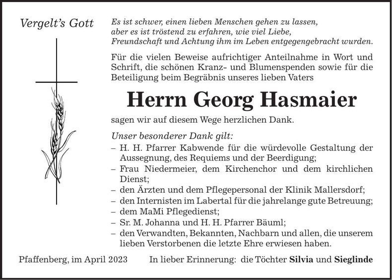 Traueranzeige Georg Hasmaier