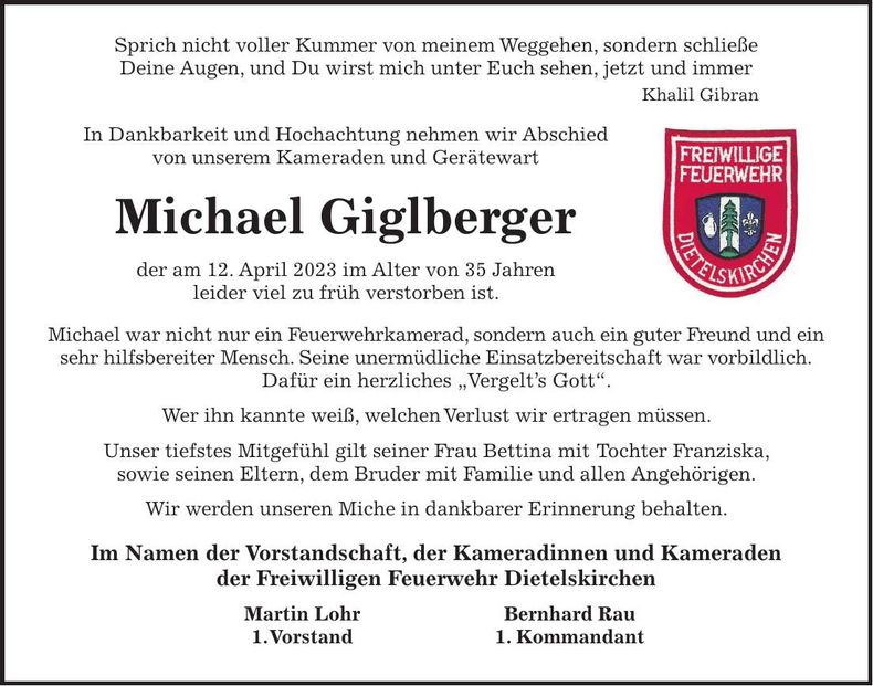 Traueranzeige Michael Giglberger