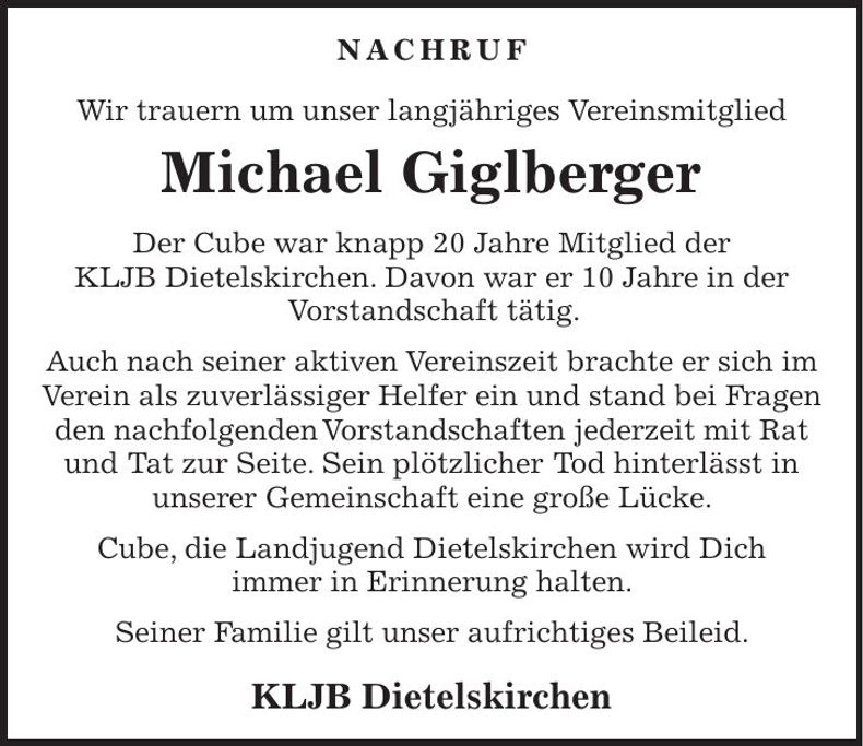 Traueranzeige Michael Giglberger