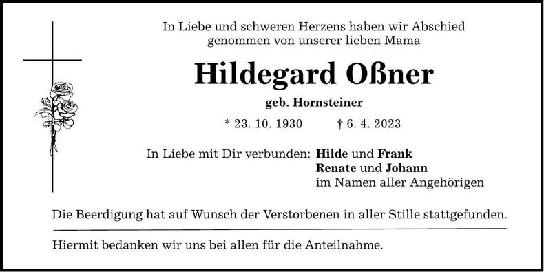 Traueranzeige Hildegard Oßner