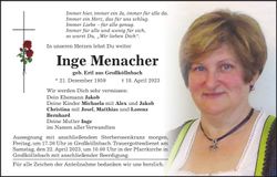 Traueranzeige Inge Menacher