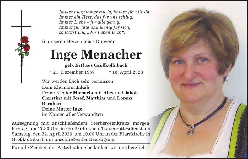 Traueranzeige Inge Menacher