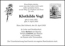 Traueranzeige Klothilde Vogl