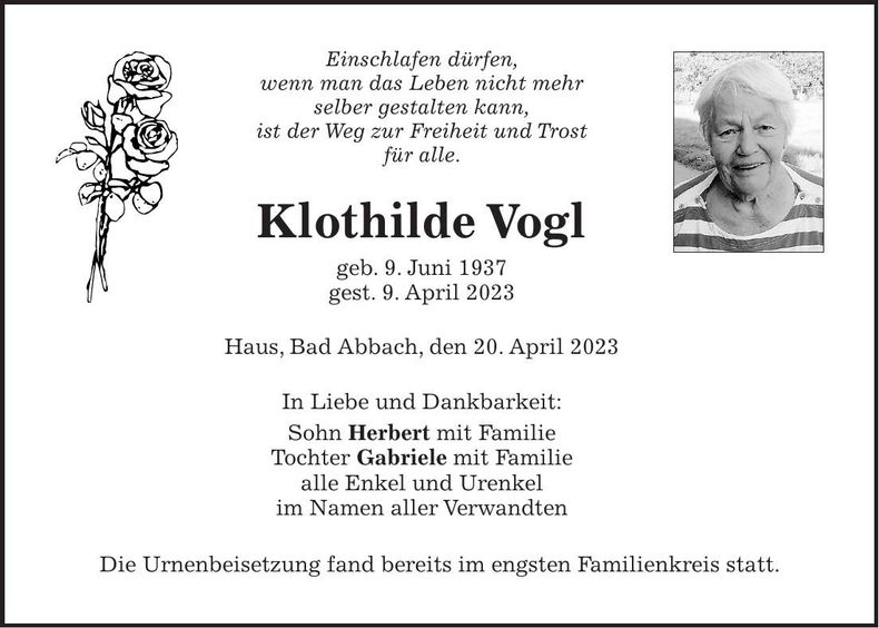 Traueranzeige Klothilde Vogl