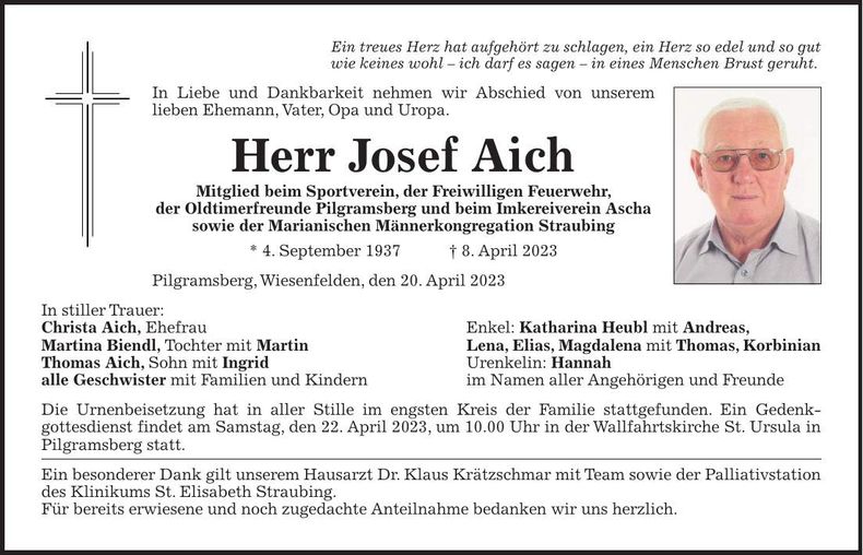 Traueranzeige Josef Aich