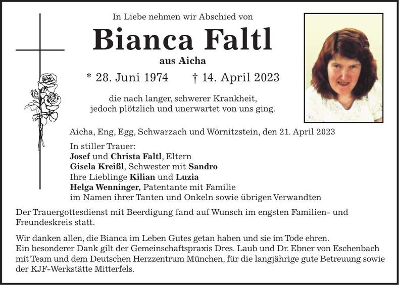 Traueranzeige Bianca Faltl
