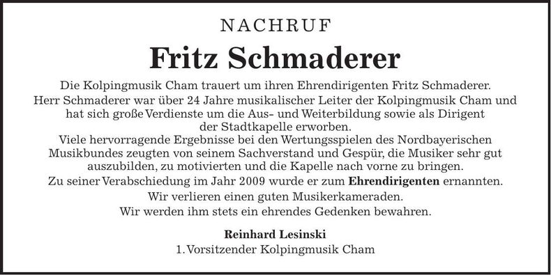 Traueranzeige Fritz Schmaderer